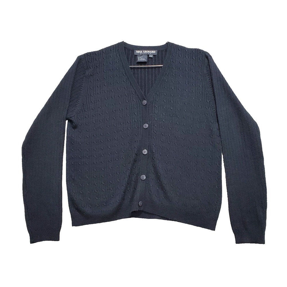 Nina Leonard Cardigan Sweater Women's Petite Small Black Acrylic Cable Knit